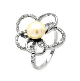 .925 Sterling Silver Rhodium Plated Synthetic Pearl Center Clear Cz Flower Outline Ring, <b>size: 5</b>