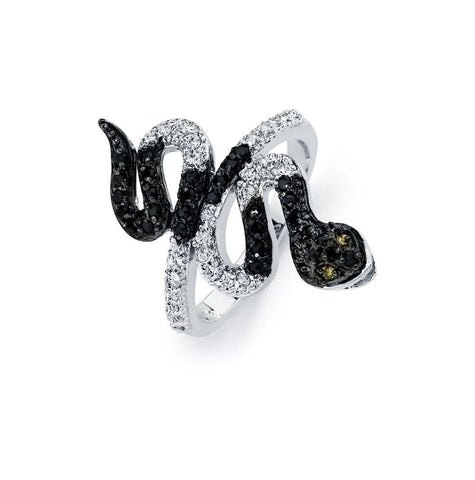 .925 Sterling Silver Rhodium & Black Rhodium Plated 2 Toned Clear & Black Cz Snake Ring, <b>size: 5</b>