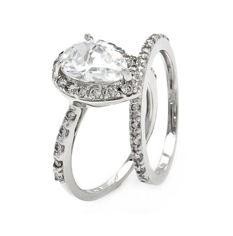 .925 Sterling Silver Rhodium Plated Clear Pear Shaped Cz Bridal Ring Set, <b>size: 5</b>