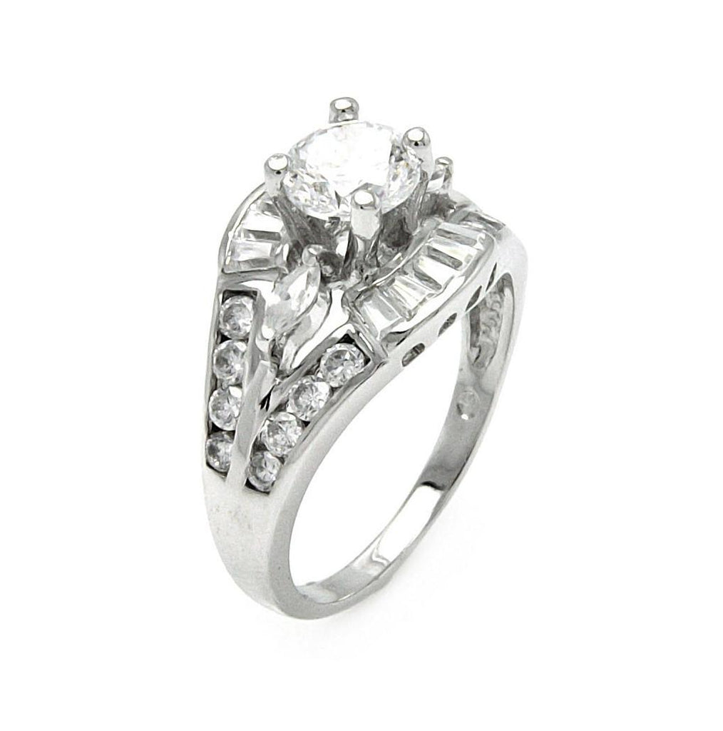 .925 Sterling Silver Rhodium Plated Clear Round & Baguette Cz Bridal Ring, <b>size: 5</b>