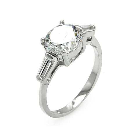 .925 Sterling Silver Rhodium Plated Clear Round Center Baguette Cz Bridal Ring, <b>size: 5</b>