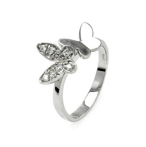 .925 Sterling Silver Rhodium Plated Clear Pave Set Cz Double Butterfly Ring, <b>size: 5</b>