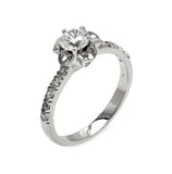 .925 Sterling Silver Rhodium Plated Clear Round Center Cz Flower Ring, <b>size: 5</b>