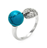 .925 Sterling Silver Rhodium Plated Round Turquoise Clear Pave Set Cz Hook Ring, <b>size: 5</b>