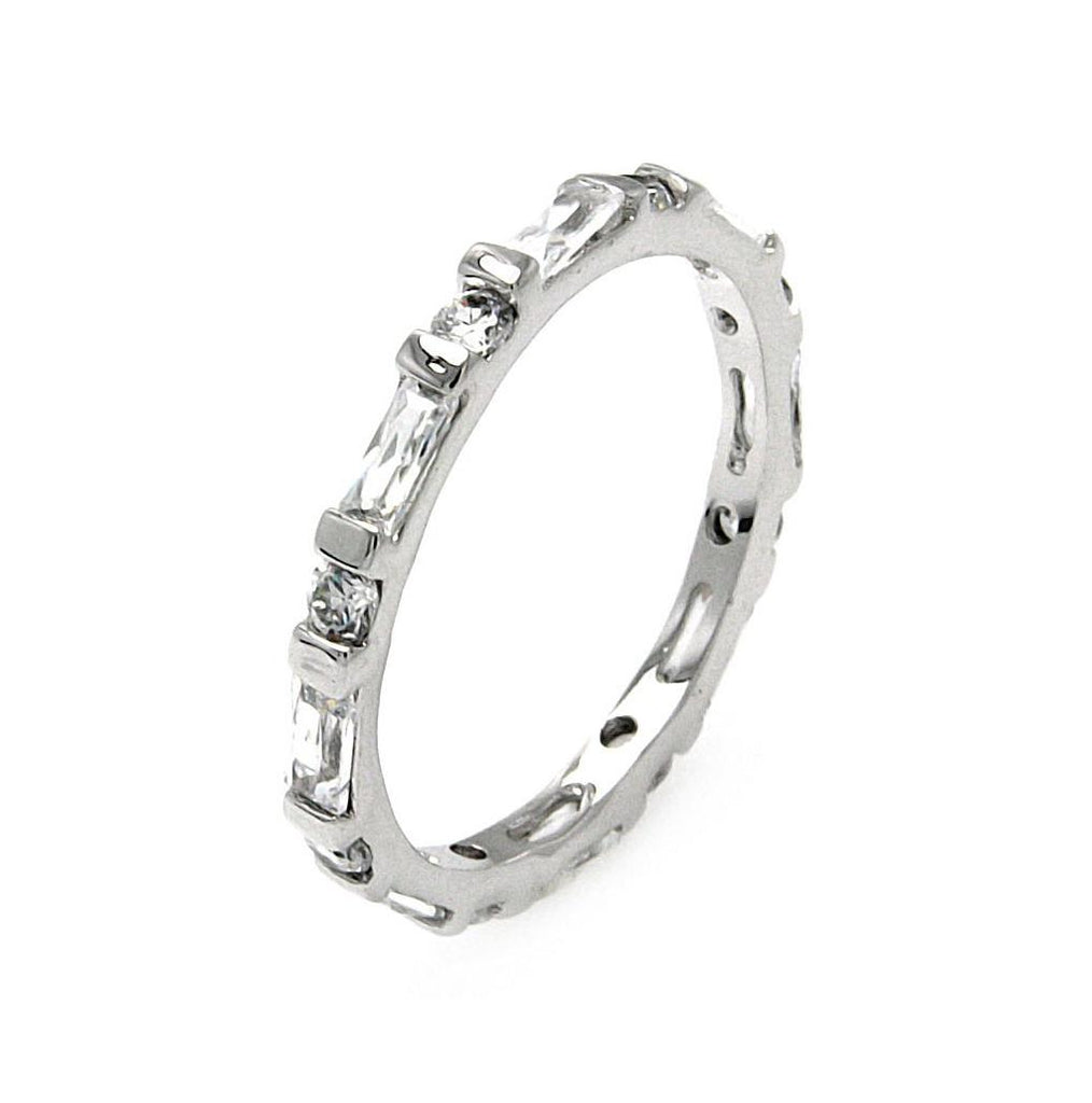 .925 Sterling Silver Rhodium Plated Clear Round & Baguette Cz Stackable Eternity Ring, <b>size: 5</b>