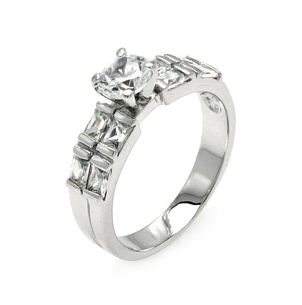 .925 Sterling Silver Rhodium Plated Clear Round Center Square Side Rows Cz Bridal Ring, <b>size: 5</b>