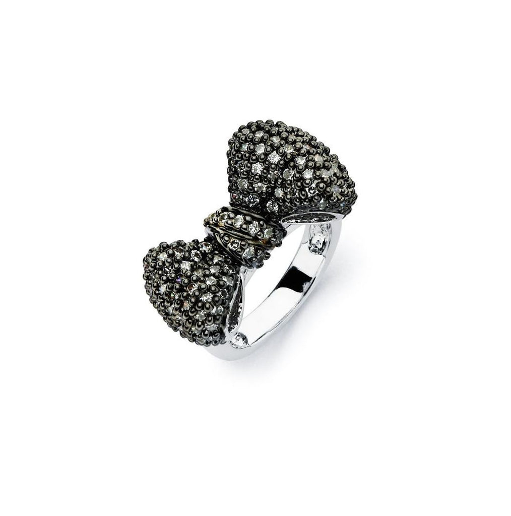 .925 Sterling Silver Rhodium & Black Rhodium Plated 2 Toned Black Micro Pave Set Cz Bow Ring, <b>size: 5</b>