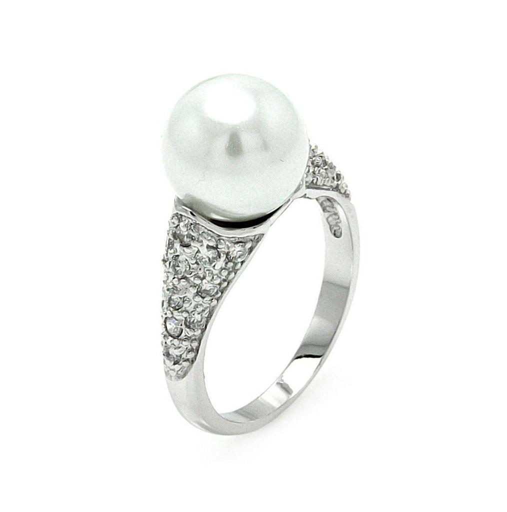 .925 Sterling Silver Rhodium Plated Pearl Center Clear Pave Set Cz Ring, <b>size: 5</b>