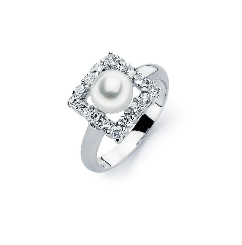 .925 Sterling Silver Rhodium Plated Synthetic Pearl Center Clear Square Cz Ring, <b>size: 5</b>
