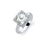 .925 Sterling Silver Rhodium Plated Synthetic Pearl Center Clear Square Cz Ring, <b>size: 5</b>