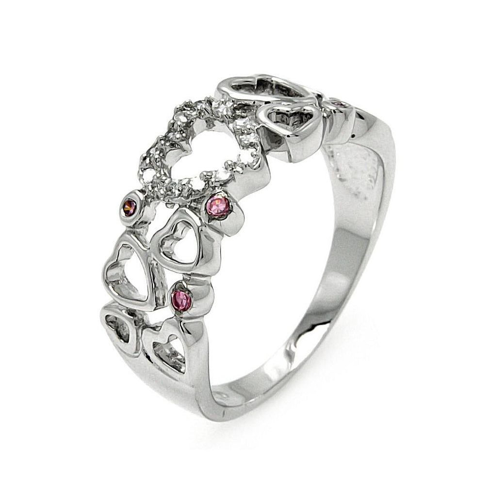 .925 Sterling Silver Rhodium Plated Clear & Pink Cz Multi Heart Ring, <b>size: 5</b>