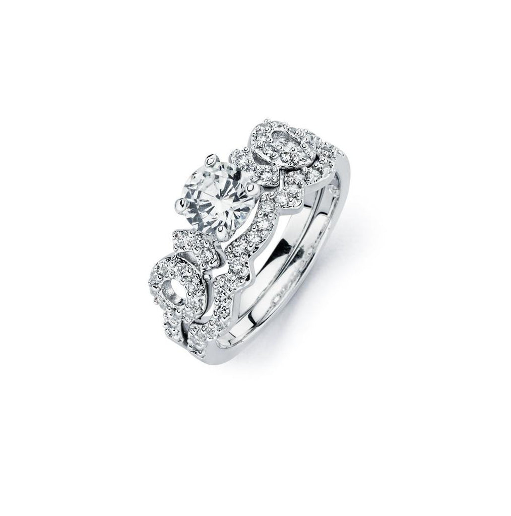 .925 Sterling Silver Rhodium Plated Clear Round Center Cz Bridal Engagement Ring Set, <b>size: 5</b>