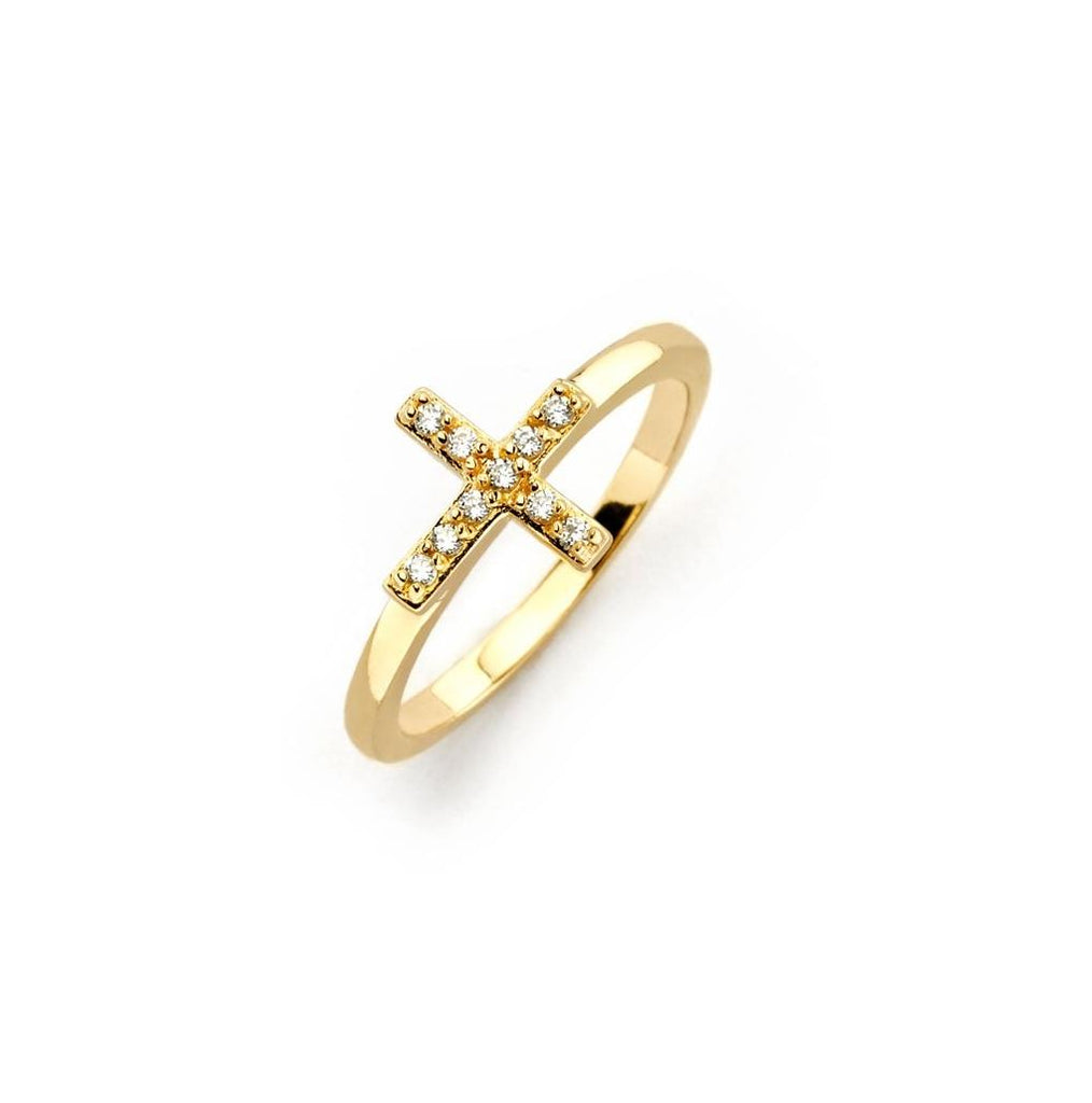 .925 Sterling Silver Gold Plated Clear Cz Mini Cross Ring, <b>size: 5</b>