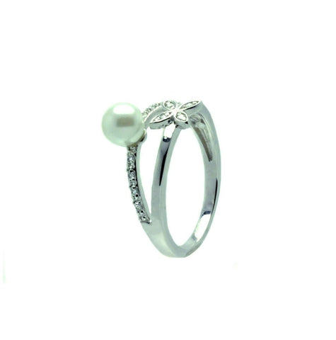 .925 Sterling Silver Rhodium Plated Clear Cz Synthetic Pearl Flower Ring, <b>size: 5</b>