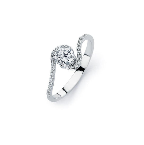 .925 Sterling Silver Rhodium Plated Clear Pave Set Round Center Cz Twist Bridal Ring, <b>size: 5</b>