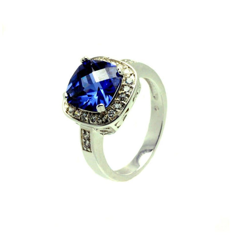 .925 Sterling Silver Rhodium Plated Blue Center Square & Clear Cluster Cz Ring, <b>size: 5</b>