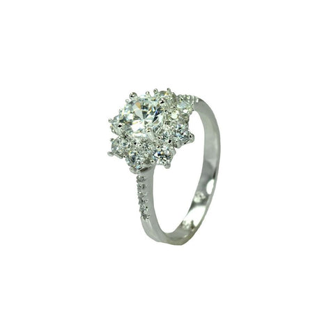 .925 Sterling Silver Rhodium Plated Clear Round Center Micro Pave Set Cz Flower Bridal Ring, <b>size: 5</b>