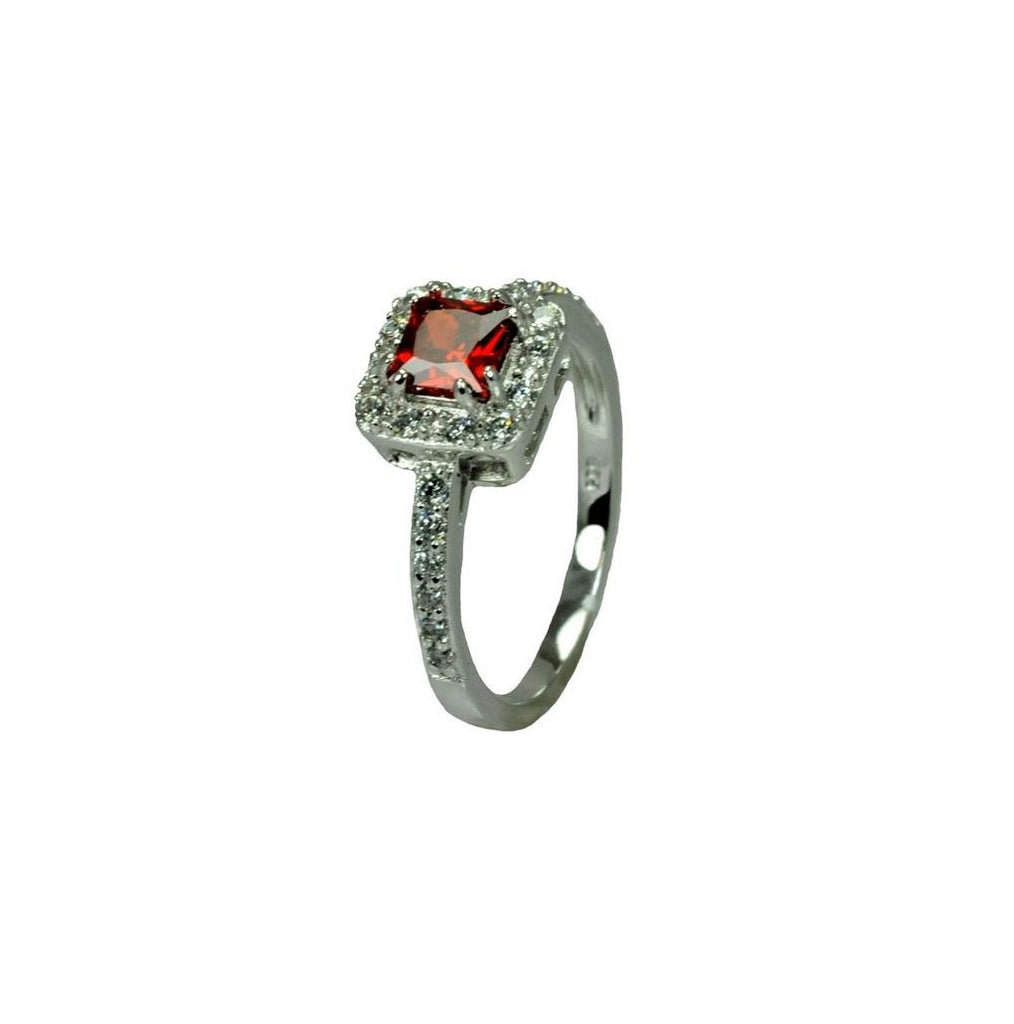 .925 Sterling Silver Rhodium Plated Clear Micro Pave Set Red Square Center Cz Bridal Ring, <b>size: 5</b>