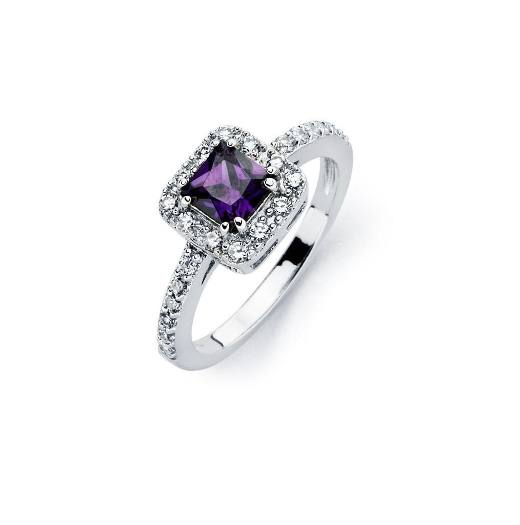 .925 Sterling Silver Rhodium Plated Clear Micro Pave Set & Square Purple Center Cz Bridal Ring, <b>size: 5</b>