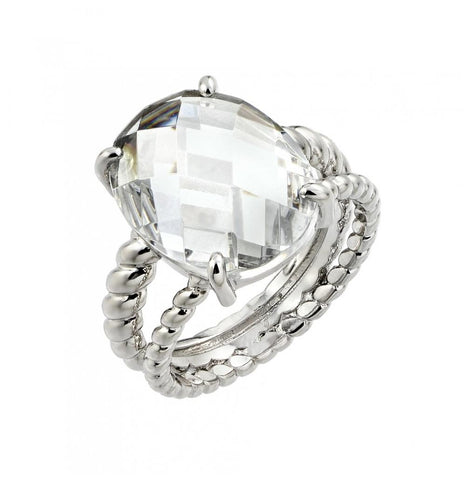 .925 Sterling Silver Rhodium Plated Clear Oval Cz Bead Ring, <b>size: 5</b>