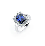 .925 Sterling Silver Rhodium Plated Rectangular Blue Center & Clear Cluster Cz Ring, <b>size: 5</b>