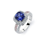 .925 Sterling Silver Rhodium Plated Blue Square Center & Clear Cluster Cz Bridal Ring, <b>size: 5</b>