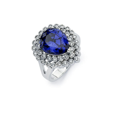 .925 Sterling Silver Rhodium Plated Blue Pear Center & Clear Round Cluster Cz Ring, <b>size: 5</b>