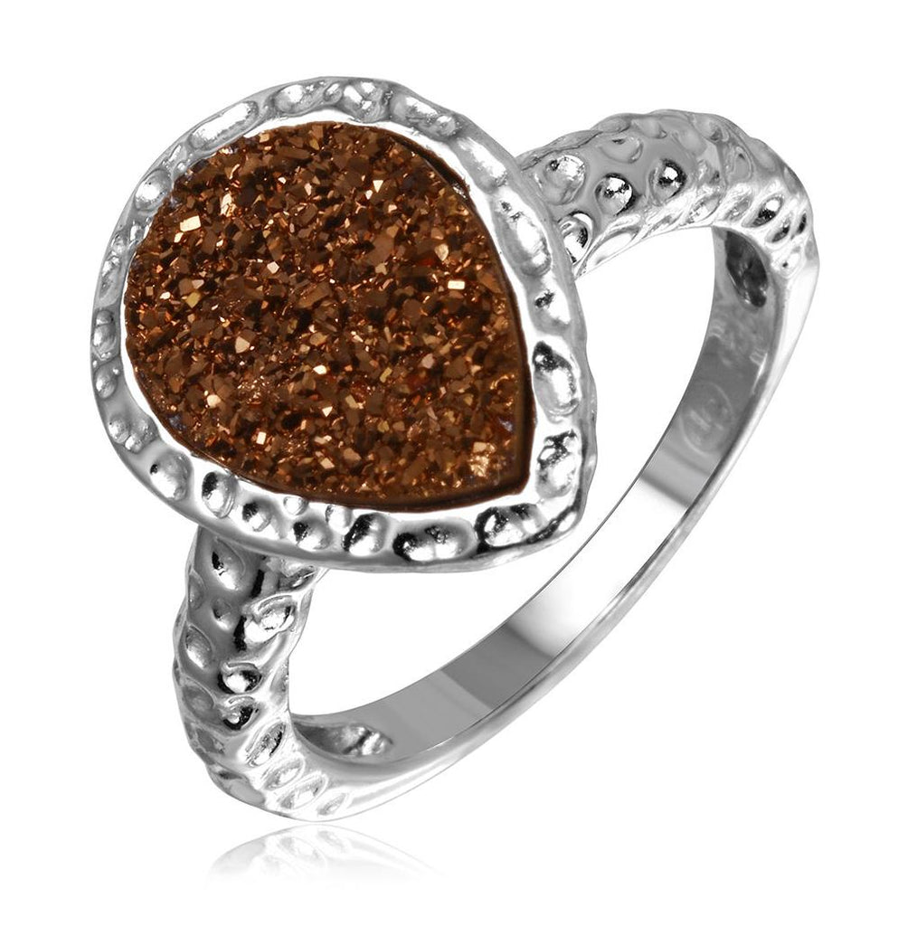 .925 Sterling Silver Rhodium Plated Pear Brown Druzy Gemstone Ring, <b>size: 5</b>