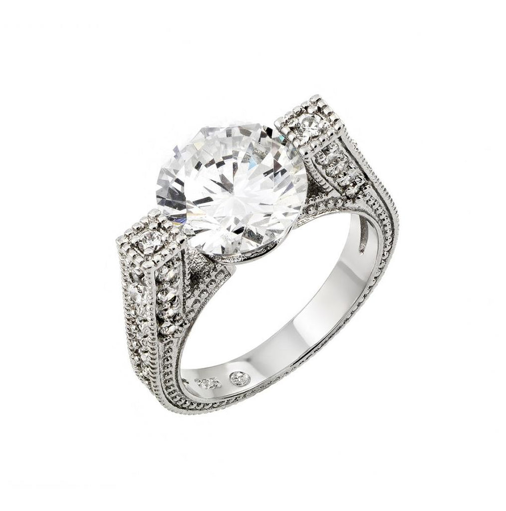 .925 Sterling Silver Rhodium Plated Clear Round Center & Pave Set Cz Ring, <b>size: 5</b>