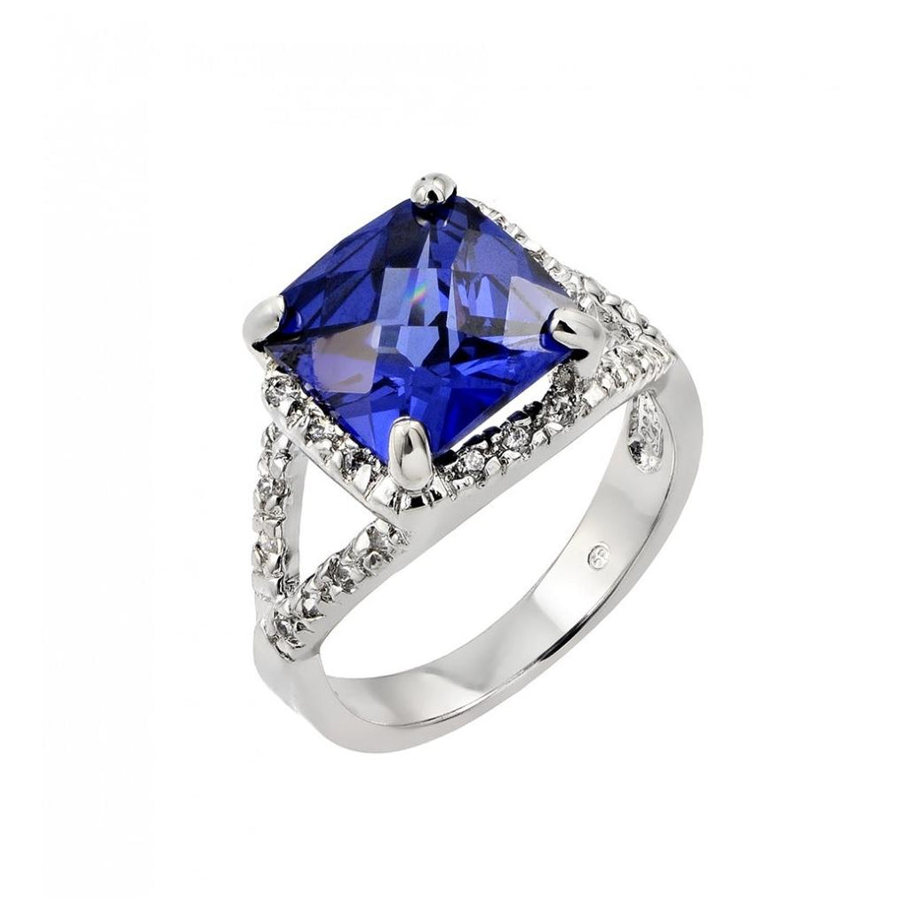 .925 Sterling Silver Rhodium Plated Blue Princess Cut Center & Clear Cz Ring, <b>size: 5</b>