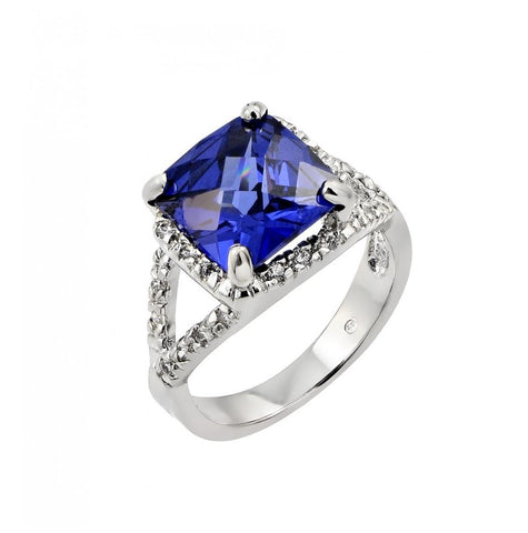 .925 Sterling Silver Rhodium Plated Blue Princess Cut Center & Clear Cz Ring, <b>size: 5</b>