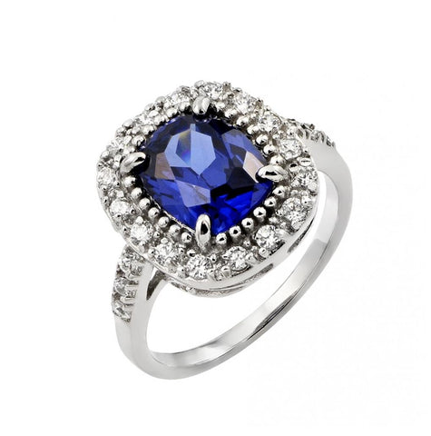 .925 Sterling Silver Rhodium Plated Blue Square Center & Clear Cluster Cz Ring, <b>size: 5</b>