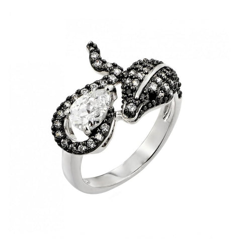 .925 Sterling Silver Rhodium & Black Rhodium Plated 2 Toned Clear & Black Cz Snake Ring, <b>size: 5</b>