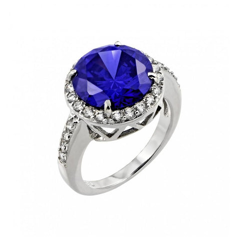 .925 Sterling Silver Rhodium Plated Blue Round & Clear Inlay Cz Bridal Ring, <b>size: 5</b>