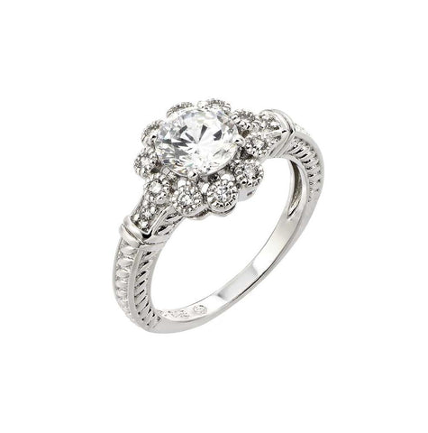 .925 Sterling Silver Rhodium Plated Clear Cz Bridal Flower Ring, <b>size: 5</b>