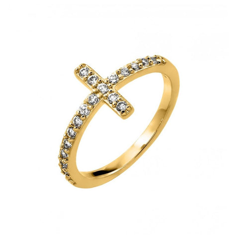 .925 Sterling Silver Gold Plated Clear Inlay Cz Cross Ring, <b>size: 5</b>