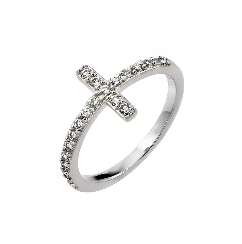 .925 Sterling Silver Rhodium Plated Clear Cz Cross Ring, <b>size: 5</b>