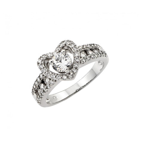 .925 Sterling Silver Rhodium Plated Clear Round Center Cz Heart Ring, <b>size: 5</b>