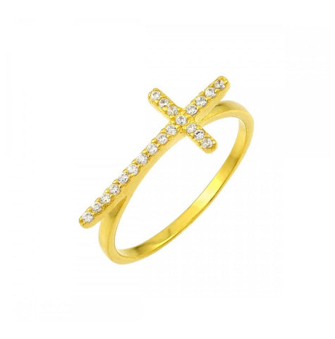 .925 Sterling Silver Gold Plated Clear Cz Cross Ring, <b>size: 5</b>