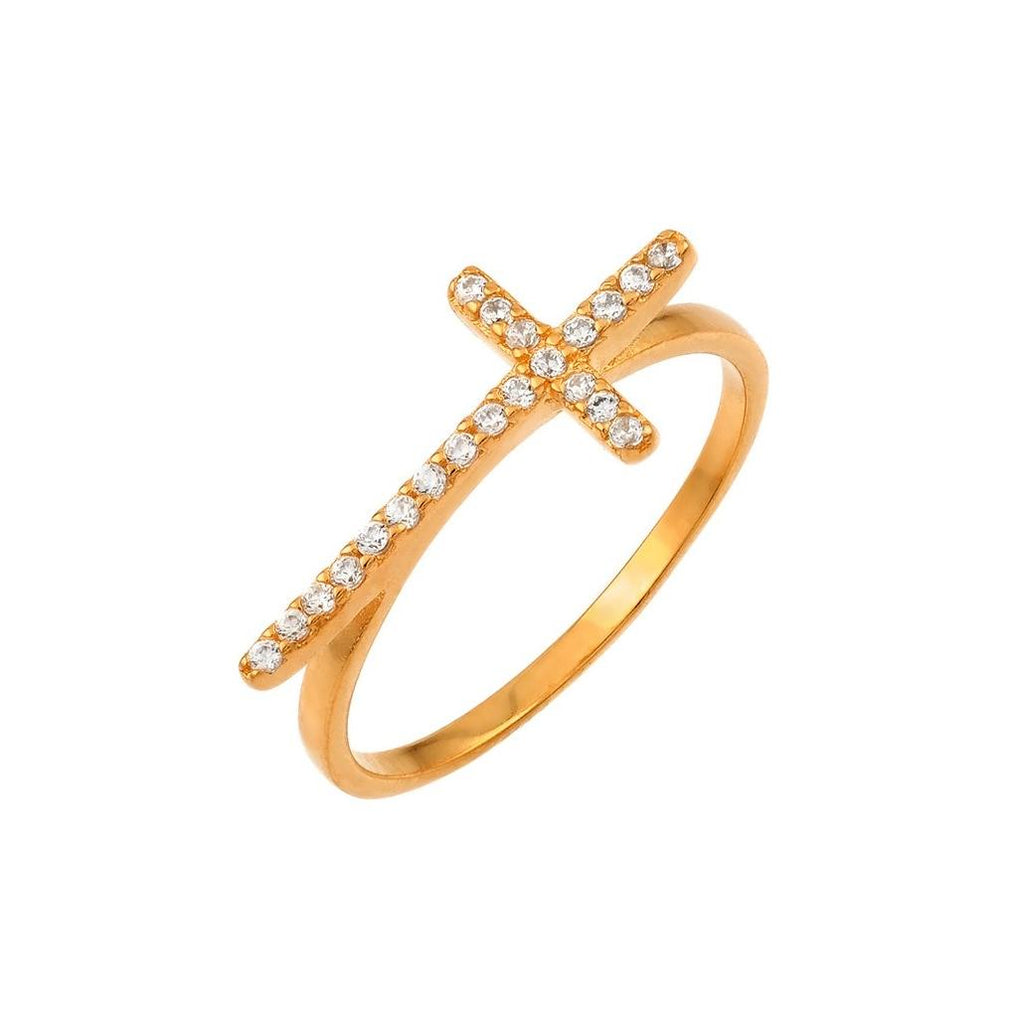 .925 Sterling Silver Rose Gold Plated Clear Cz Cross Ring, <b>size: 5</b>