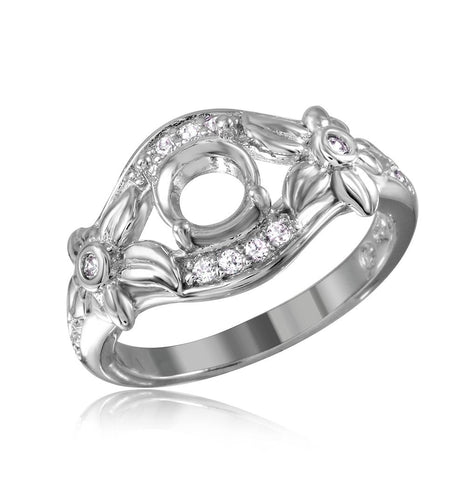 .925 Sterling Silver Rhodium Plated Flower Shank Single Stone Mounting Ring, <b>size: 5</b>