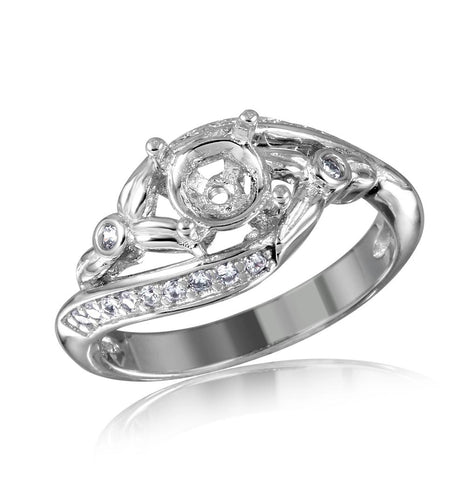 .925 Sterling Silver Rhodium Plated Overlap Cz Flower Design Mounting Ring, <b>size: 5</b>