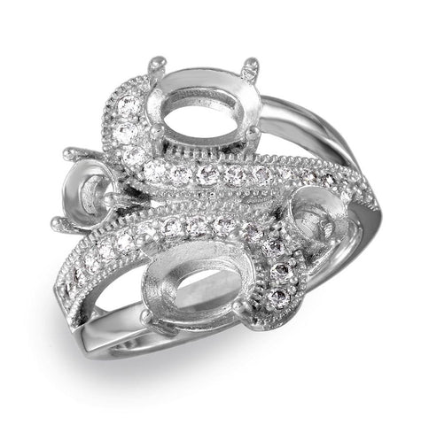 .925 Sterling Silver Rhodium Plated 4 Mounting Stones Wave Cz Design Ring, <b>size: 5</b>