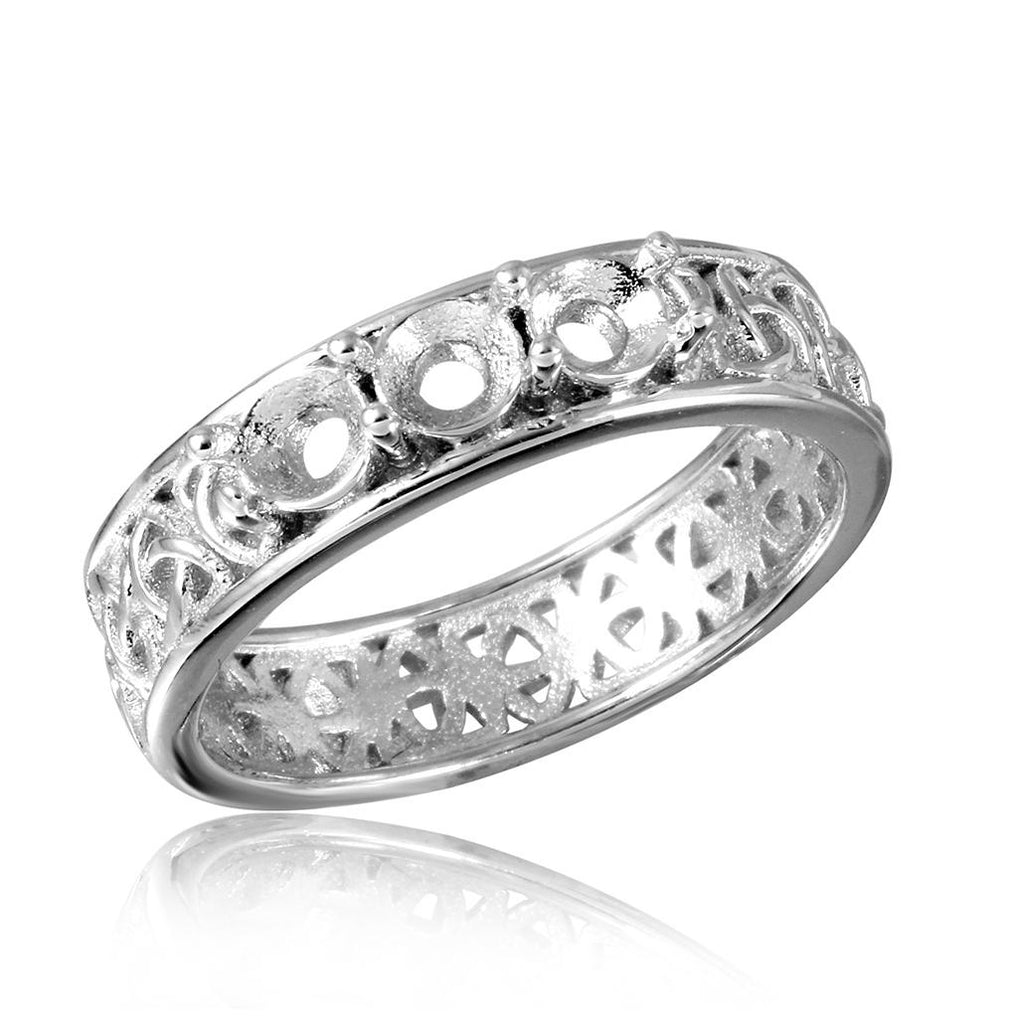 .925 Sterling Silver Rhodium Plated Celtic Designed Band 3 Stones Mounting Ring, <b>size: 5</b>