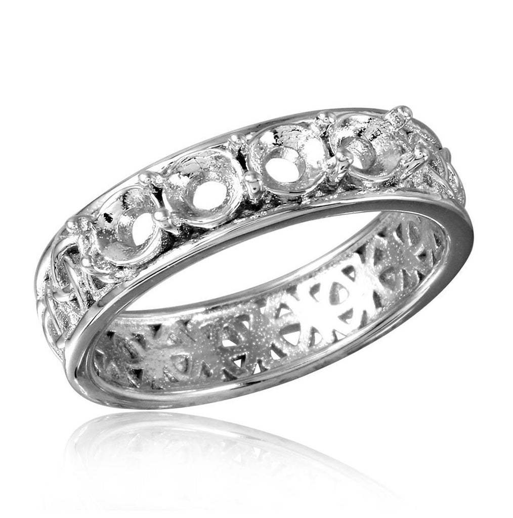 .925 Sterling Silver Rhodium Plated Celtic Designed Band 4 Stones Mounting Ring, <b>size: 5</b>