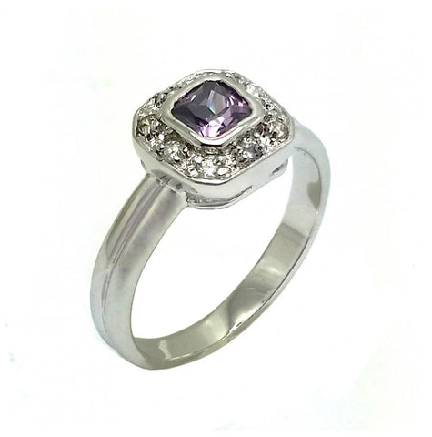 .925 Sterling Silver Rhodium Plated Purple Center Clear Cluster Cz Bridal Engagement Ring, <b>size: 5</b>