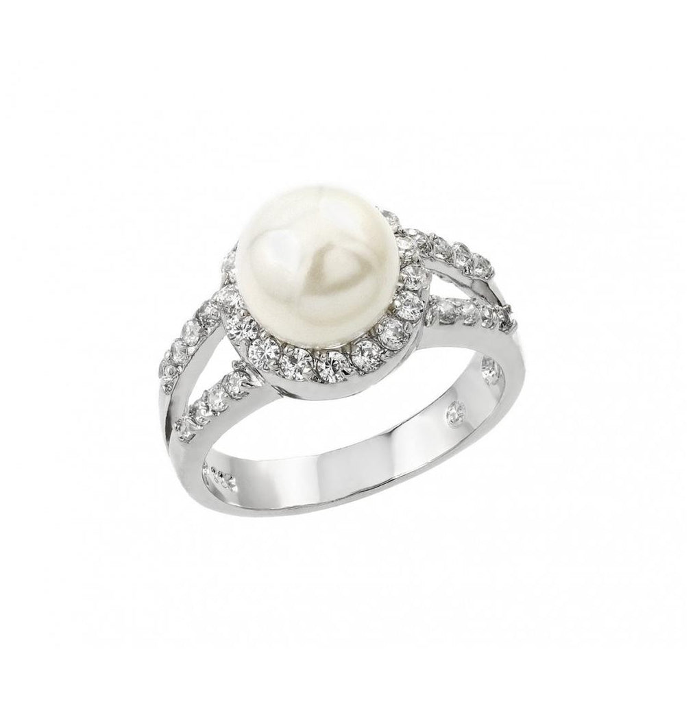 .925 Sterling Silver Rhodium Plated Clear Cluster Cz Synthetic Pearl Ring, <b>size: 5</b>