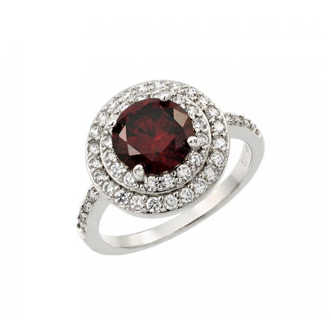 .925 Sterling Silver Rhodium Plated Red Center & Clear Cluster Cz Ring, <b>size: 5</b>