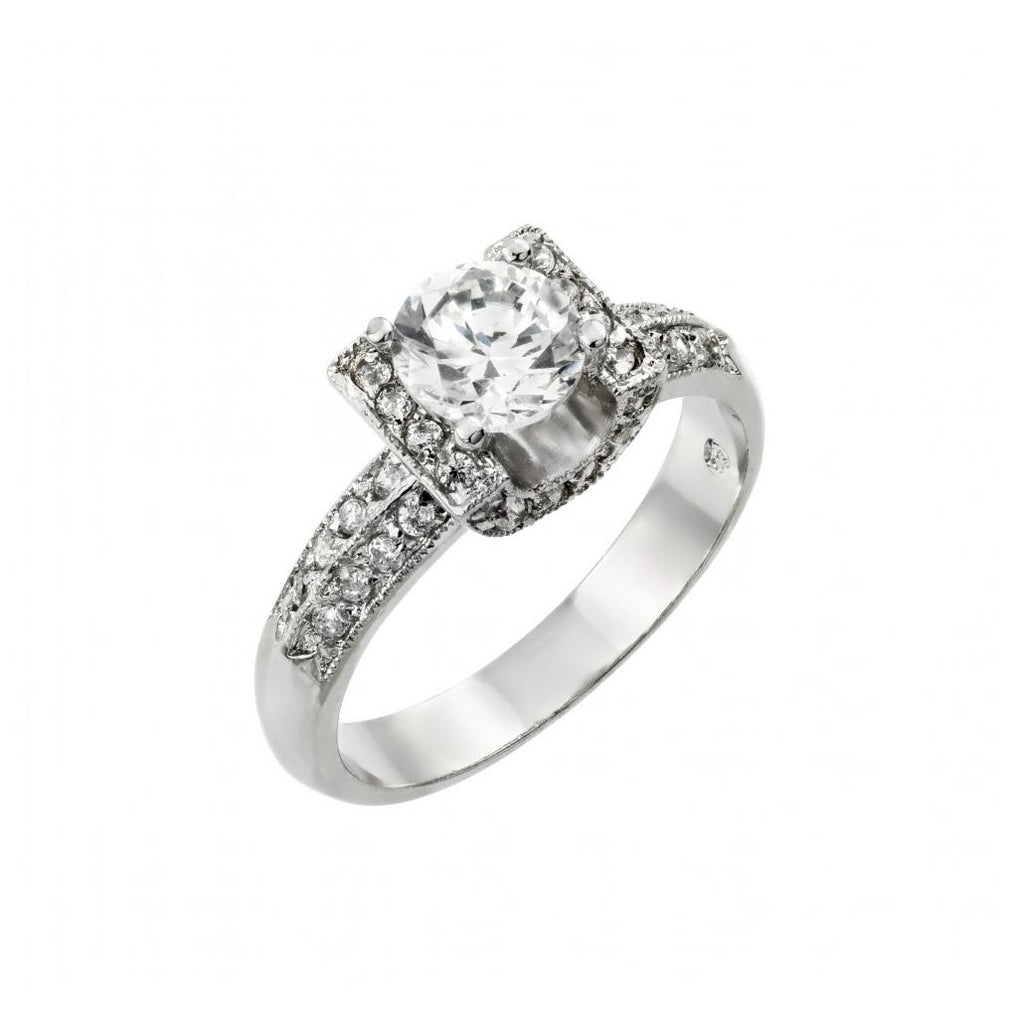 .925 Sterling Silver Rhodium Plated Clear Round Center & Pave Set Cz Square Ring, <b>size: 5</b>