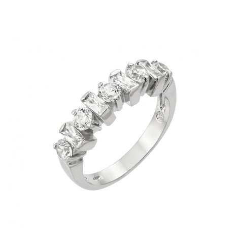 .925 Sterling Silver Rhodium Plated Clear Round & Baguette Cz Half Row Ring, <b>size: 5</b>